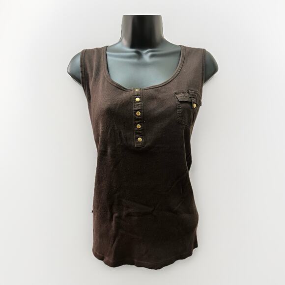 Karen Scott Women’s Tank Top XL Brown Ribbed Sleeveless Henley Pocket Casual - Picture 1 of 4